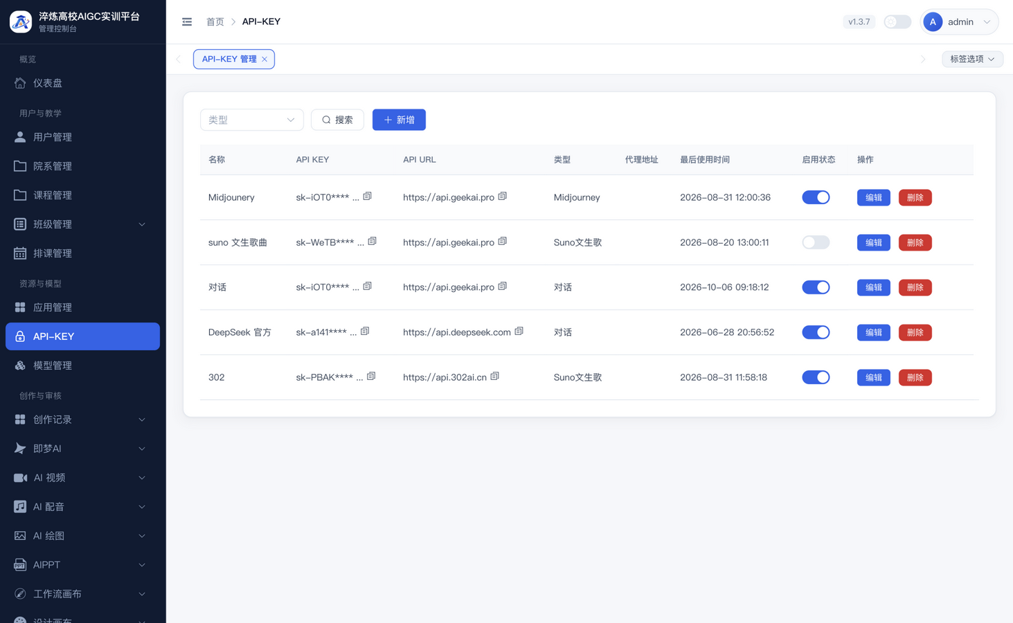 API-KEY 管理页，已配置多个 AI 渠道（密钥已脱敏）
